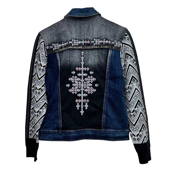 Reba Embroidered Denim Jacket Aztec Knit Sleeves Boho Wester Approx. M - Picture 3 of 8